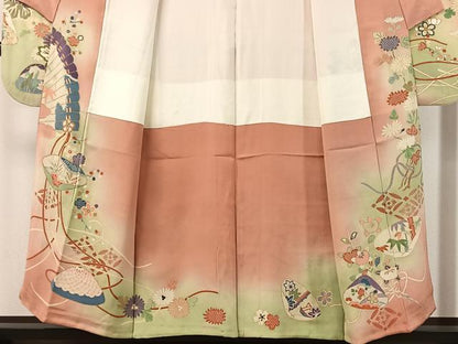 平和屋本店●アンティーク　大正ロマン　振袖　駒刺繍　貝合わせ花束文　暈し染め　金彩　正絹　逸品　CABD8179vp