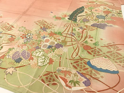 平和屋本店●アンティーク　大正ロマン　振袖　駒刺繍　貝合わせ花束文　暈し染め　金彩　正絹　逸品　CABD8179vp