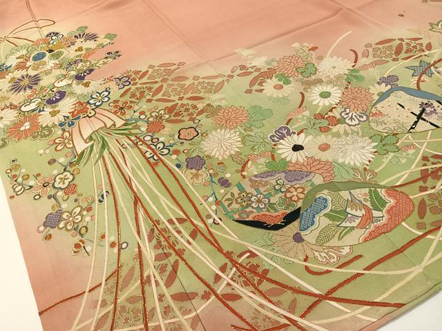 平和屋本店●アンティーク　大正ロマン　振袖　駒刺繍　貝合わせ花束文　暈し染め　金彩　正絹　逸品　CABD8179vp
