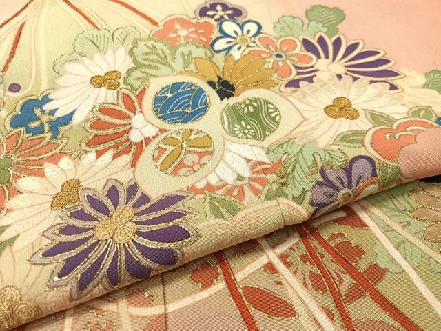 平和屋本店●アンティーク　大正ロマン　振袖　駒刺繍　貝合わせ花束文　暈し染め　金彩　正絹　逸品　CABD8179vp