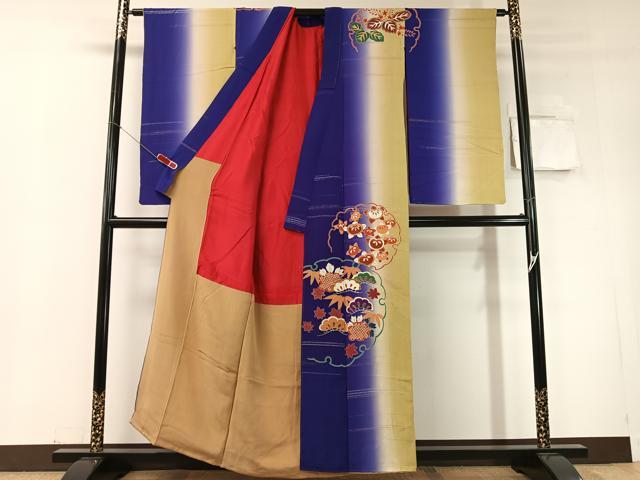 平和屋着物●アンティーク　大正ロマン　訪問着　駒刺繍　雪輪松竹梅花文　暈し染め　金糸　正絹　逸品　CABD8180vp
