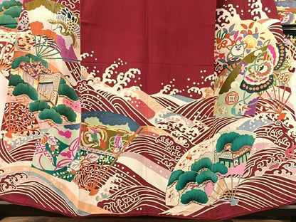 平和屋本店●アンティーク　大正ロマン　振袖　駒刺繍　立波扇面御所車花鳥文　金彩　正絹　逸品　CABD8181vp