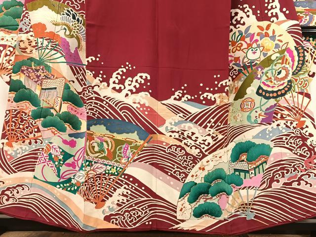 平和屋本店●アンティーク　大正ロマン　振袖　駒刺繍　立波扇面御所車花鳥文　金彩　正絹　逸品　CABD8181vp