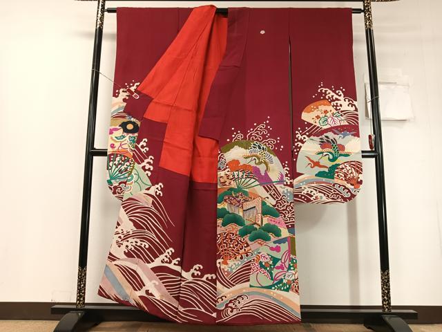 平和屋本店●アンティーク　大正ロマン　振袖　駒刺繍　立波扇面御所車花鳥文　金彩　正絹　逸品　CABD8181vp