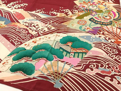 平和屋本店●アンティーク　大正ロマン　振袖　駒刺繍　立波扇面御所車花鳥文　金彩　正絹　逸品　CABD8181vp