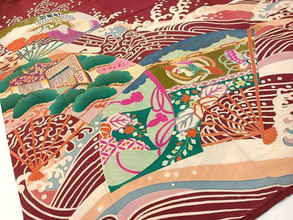 平和屋本店●アンティーク　大正ロマン　振袖　駒刺繍　立波扇面御所車花鳥文　金彩　正絹　逸品　CABD8181vp