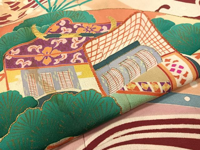 平和屋本店●アンティーク　大正ロマン　振袖　駒刺繍　立波扇面御所車花鳥文　金彩　正絹　逸品　CABD8181vp