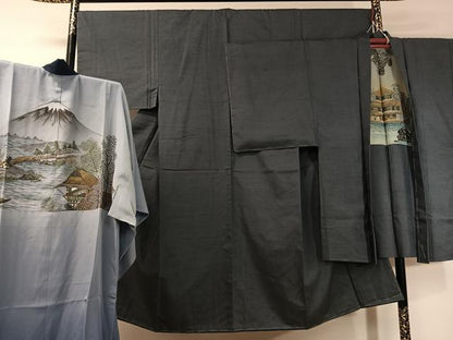 平和屋着物●男性　紬　アンサンブル　長襦袢セット　青褐色　正絹　逸品　未使用　CABD8188vp
