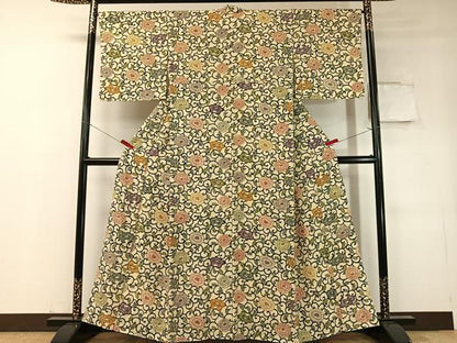 平和屋着物●上質な小紋　型染め　菊唐草文　鬼しぼ縮緬　正絹　逸品　CABD8198vp