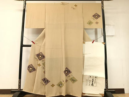 平和屋着物●極上　銀座　志ま亀　訪問着　桐唐草文　金彩　鬼しぼ縮緬　たとう紙付き　正絹　逸品　CABD8203vp