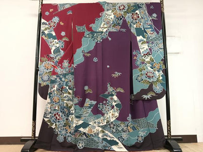 平和屋着物●豪華振袖　型染め　道長几帳花文　正絹　逸品　CABD8205vp