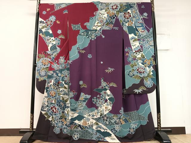 平和屋着物●豪華振袖　型染め　道長几帳花文　正絹　逸品　CABD8205vp