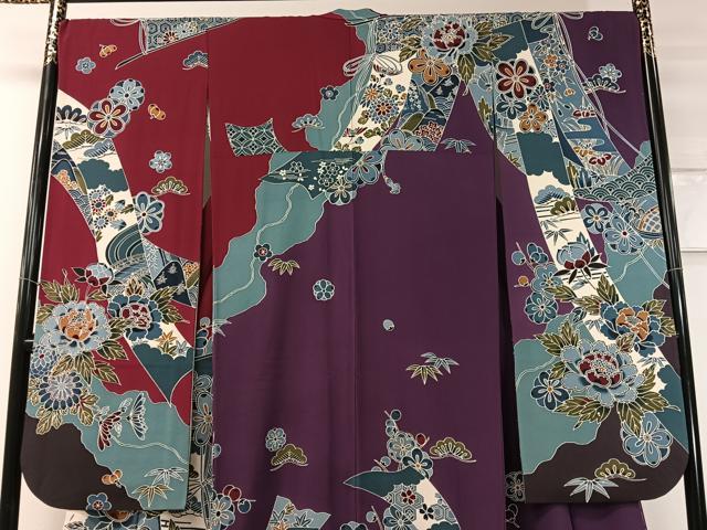 平和屋着物●豪華振袖　型染め　道長几帳花文　正絹　逸品　CABD8205vp
