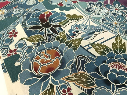 平和屋着物●豪華振袖　型染め　道長几帳花文　正絹　逸品　CABD8205vp