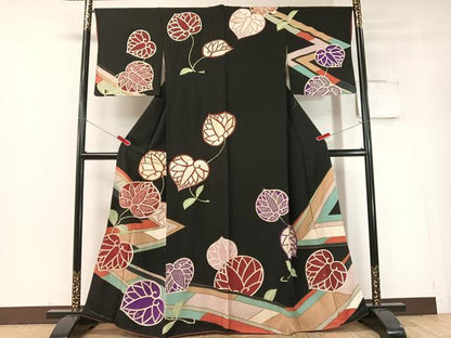 平和屋着物●中国三大刺繍　相良刺繍　訪問着　駒刺繍　葵文様　黒地　金彩　正絹　逸品　CABD8207vp