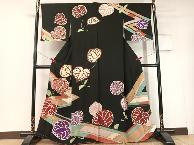 平和屋着物●中国三大刺繍　相良刺繍　訪問着　駒刺繍　葵文様　黒地　金彩　正絹　逸品　CABD8207vp