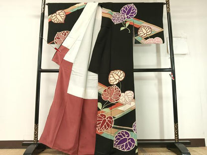 平和屋着物●中国三大刺繍　相良刺繍　訪問着　駒刺繍　葵文様　黒地　金彩　正絹　逸品　CABD8207vp
