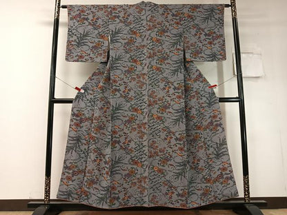 平和屋着物●上質な小紋　型染め　流水菊文　鬼しぼ縮緬　正絹　逸品　CABD8209vp