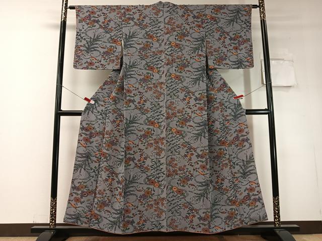 平和屋着物●上質な小紋　型染め　流水菊文　鬼しぼ縮緬　正絹　逸品　CABD8209vp