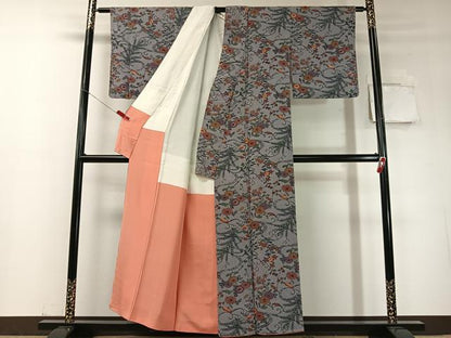 平和屋着物●上質な小紋　型染め　流水菊文　鬼しぼ縮緬　正絹　逸品　CABD8209vp
