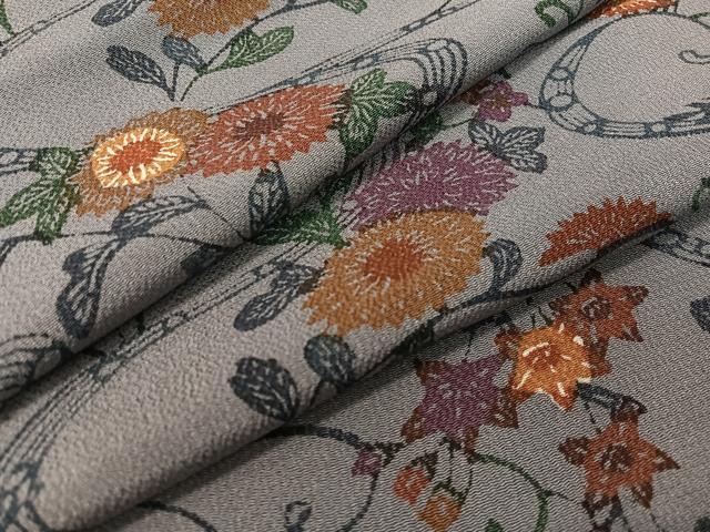 平和屋着物●上質な小紋　型染め　流水菊文　鬼しぼ縮緬　正絹　逸品　CABD8209vp