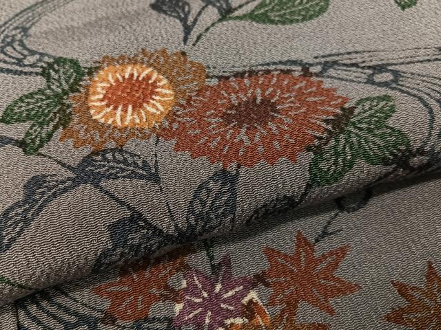 平和屋着物●上質な小紋　型染め　流水菊文　鬼しぼ縮緬　正絹　逸品　CABD8209vp