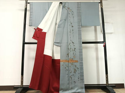 平和屋着物●訪問着　駒刺繍　霞枝垂れ花蝶文　金彩　正絹　逸品　CABD8222vp