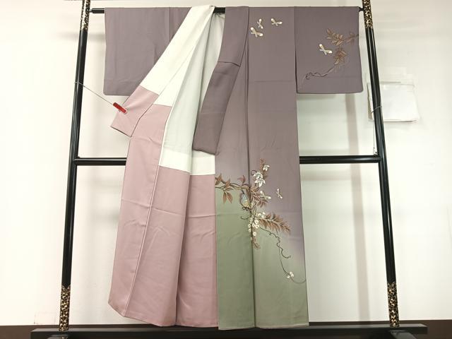 平和屋着物▼中嶋まさひろ　蝋彩染作家　訪問着　手描き　藤花舞蝶文　暈し染め　金彩　正絹　逸品　CABD8234vp