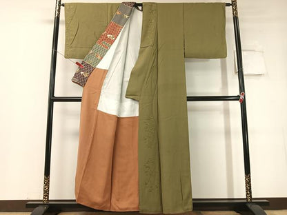 平和屋着物▼無地絵羽訪問着 総刺繍 松竹梅 海松色 正絹 逸品 CABD8243vp