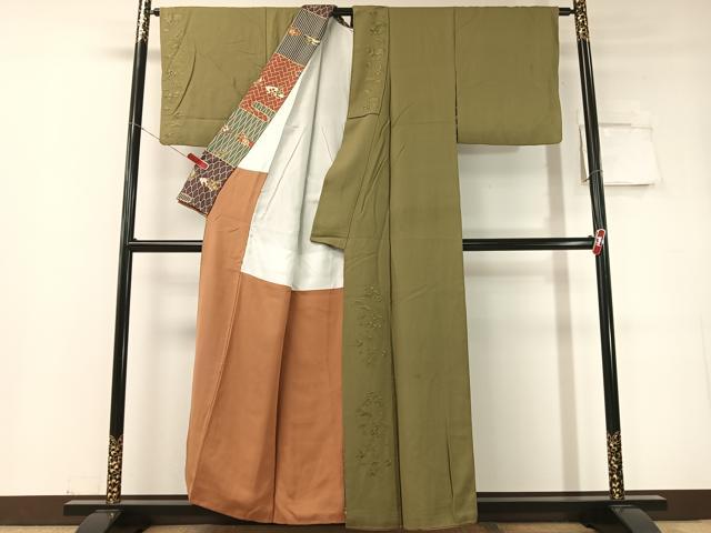 平和屋着物▼無地絵羽訪問着 総刺繍 松竹梅 海松色 正絹 逸品 CABD8243vp