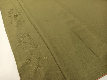 平和屋着物▼無地絵羽訪問着 総刺繍 松竹梅 海松色 正絹 逸品 CABD8243vp