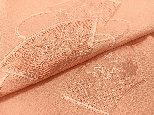平和屋着物▼中国三大刺繍 スワトウ刺繍 総刺繍 無地絵羽訪問着 地紙花文 薄紅色 正絹 逸品 CABD8290vp