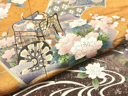 平和屋着物●訪問着　流水地紙御所車花文　暈し染め　金銀彩　ロング丈　正絹　逸品　CABD8309vp