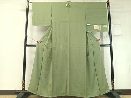 平和屋着物●上質な色無地　寿光織　菊地紋　青白橡色　反端付き　正絹　逸品　未使用　CABD8310vp
