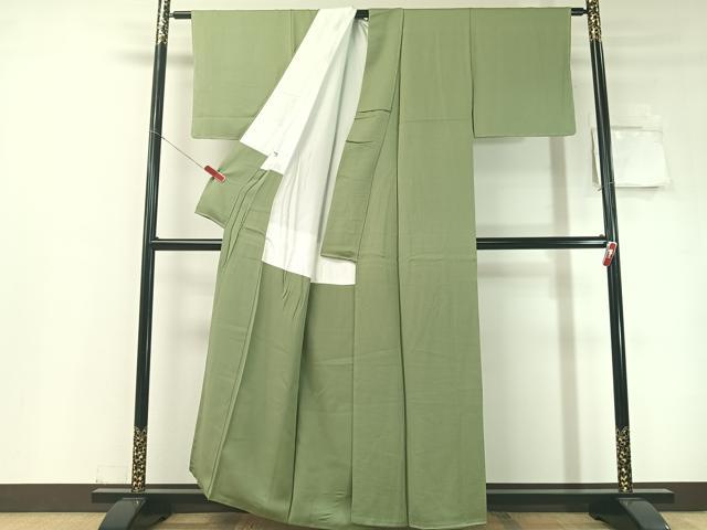 平和屋着物●上質な色無地　寿光織　菊地紋　青白橡色　反端付き　正絹　逸品　未使用　CABD8310vp