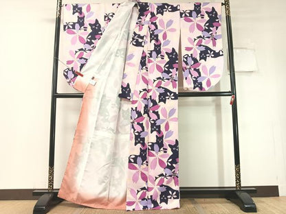 平和屋着物●小振袖　黒猫　舞桜　洗える着物　未使用　CABD8341vp