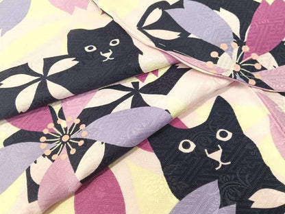 平和屋着物●小振袖　黒猫　舞桜　洗える着物　未使用　CABD8341vp