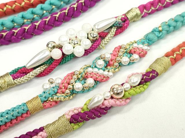 平和屋着物▼和装小物　帯締め３本セット　振袖用　飾り付き　パール　花　水色　緋色　紫　金糸　逸品　CABD8526ju