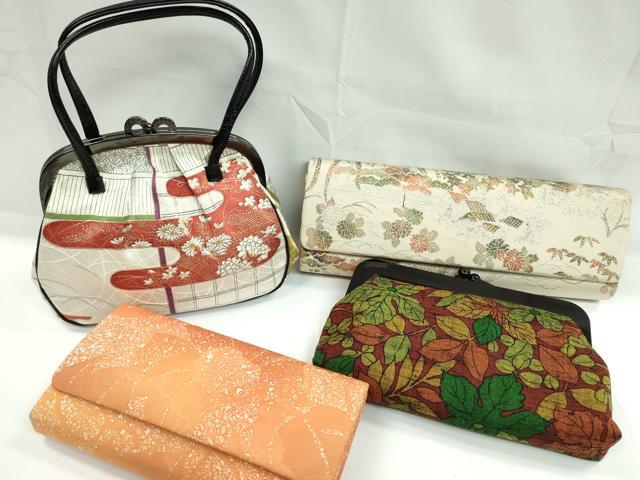 平和屋着物▼和装小物 和装バッグまとめて４点 ハンドバッグ エ霞草花文 紬地 金彩 逸品 CABD8544ju