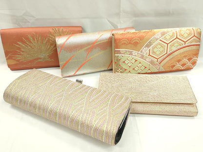 平和屋着物▼和装小物 和装バッグまとめて５点 ハンドバッグ 飛鶴松文 青海波吉祥花文 菱吉祥文 クラッチ 金銀糸 逸品 CABD8568ju