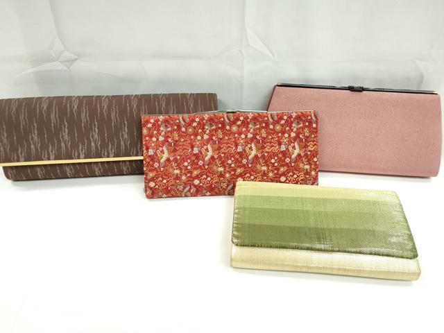 平和屋着物▼和装小物 和装バッグまとめて４点 ハンドバッグ 花鳥文 鮫小紋柄 横段文 金糸 逸品 CABD8622ju