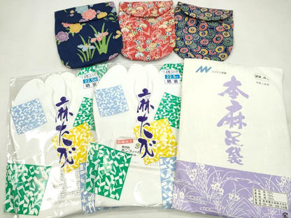 平和屋着物＊夏物　和装小物　足袋・足袋入れまとめて６点　本麻　4枚コハゼ　22.5cm　逸品　未使用　CABD8745ju
