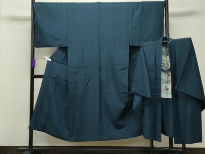 平和屋着物●男性　紬　アンサンブル　色無地　濃藍色　正絹　逸品　CABD8810gh