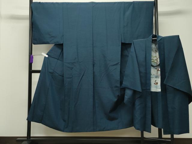 平和屋着物●男性　紬　アンサンブル　色無地　濃藍色　正絹　逸品　CABD8810gh