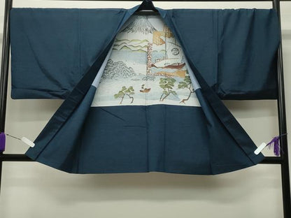 平和屋着物●男性　紬　アンサンブル　色無地　濃藍色　正絹　逸品　CABD8810gh