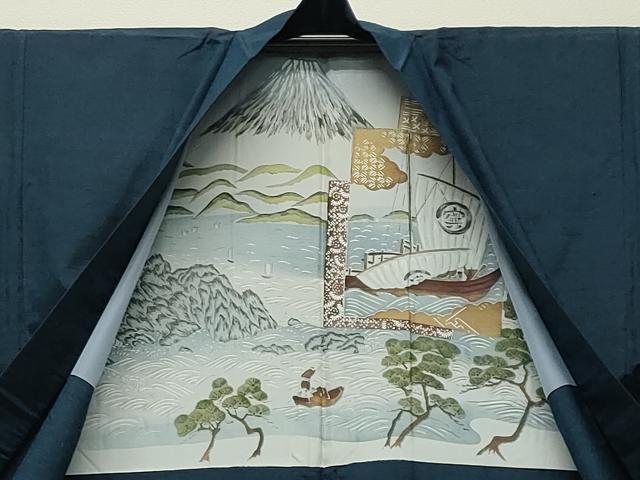 平和屋着物●男性　紬　アンサンブル　色無地　濃藍色　正絹　逸品　CABD8810gh