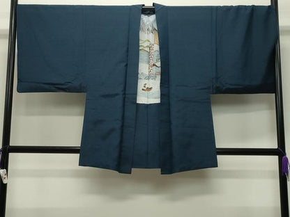 平和屋着物●男性　紬　アンサンブル　色無地　濃藍色　正絹　逸品　CABD8810gh