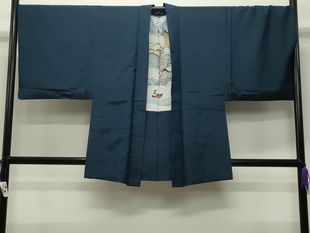 平和屋着物●男性　紬　アンサンブル　色無地　濃藍色　正絹　逸品　CABD8810gh