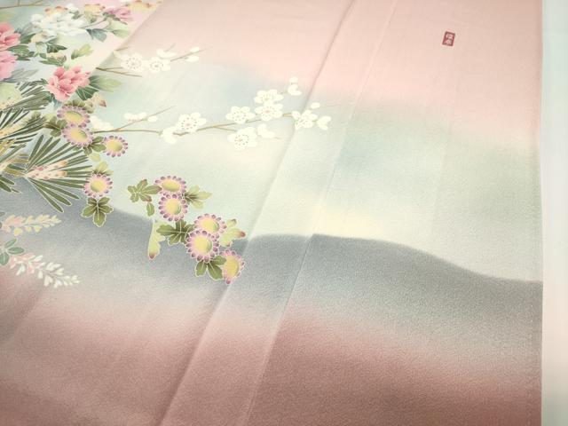 平和屋着物●訪問着　友禅　作家物　梅松鶴花文　暈し染め　正絹　逸品　未使用　CABD8823gh