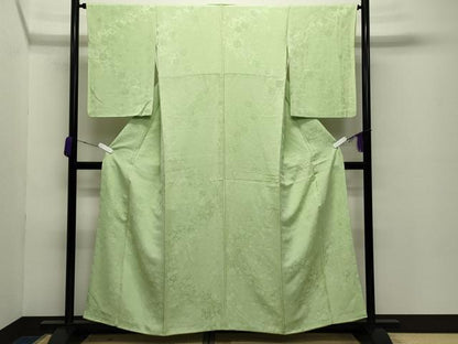 平和屋着物●上質な色無地　舞花地紋　若菜色　正絹　逸品　CABD8873gh